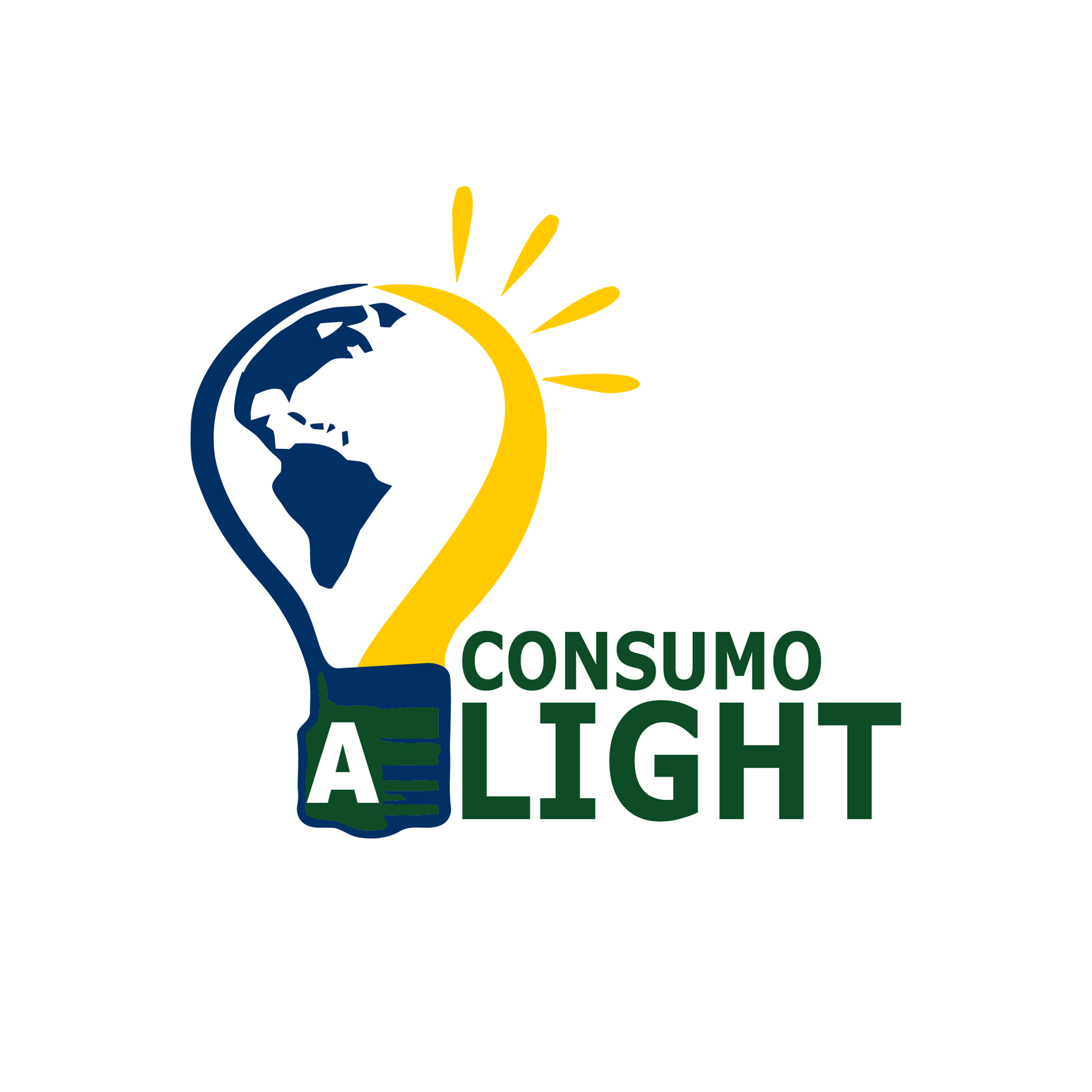 Logomarca Consumo Light, com fundo branco e escrita verde, além da lampada acesa com as cores da bandeira do Brasil.